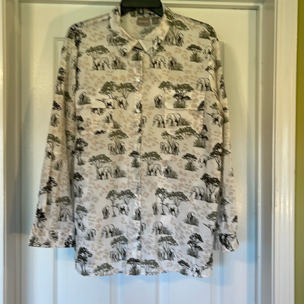 Chico’s Button Up Long Sleeve Blouse with Elephant Theme Chico’s Size XL